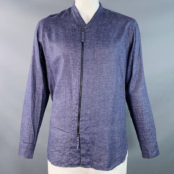 GIORGIO ARMANI L Blue Woven Linen Collarless Double Zipper Long Sleeve Shirt